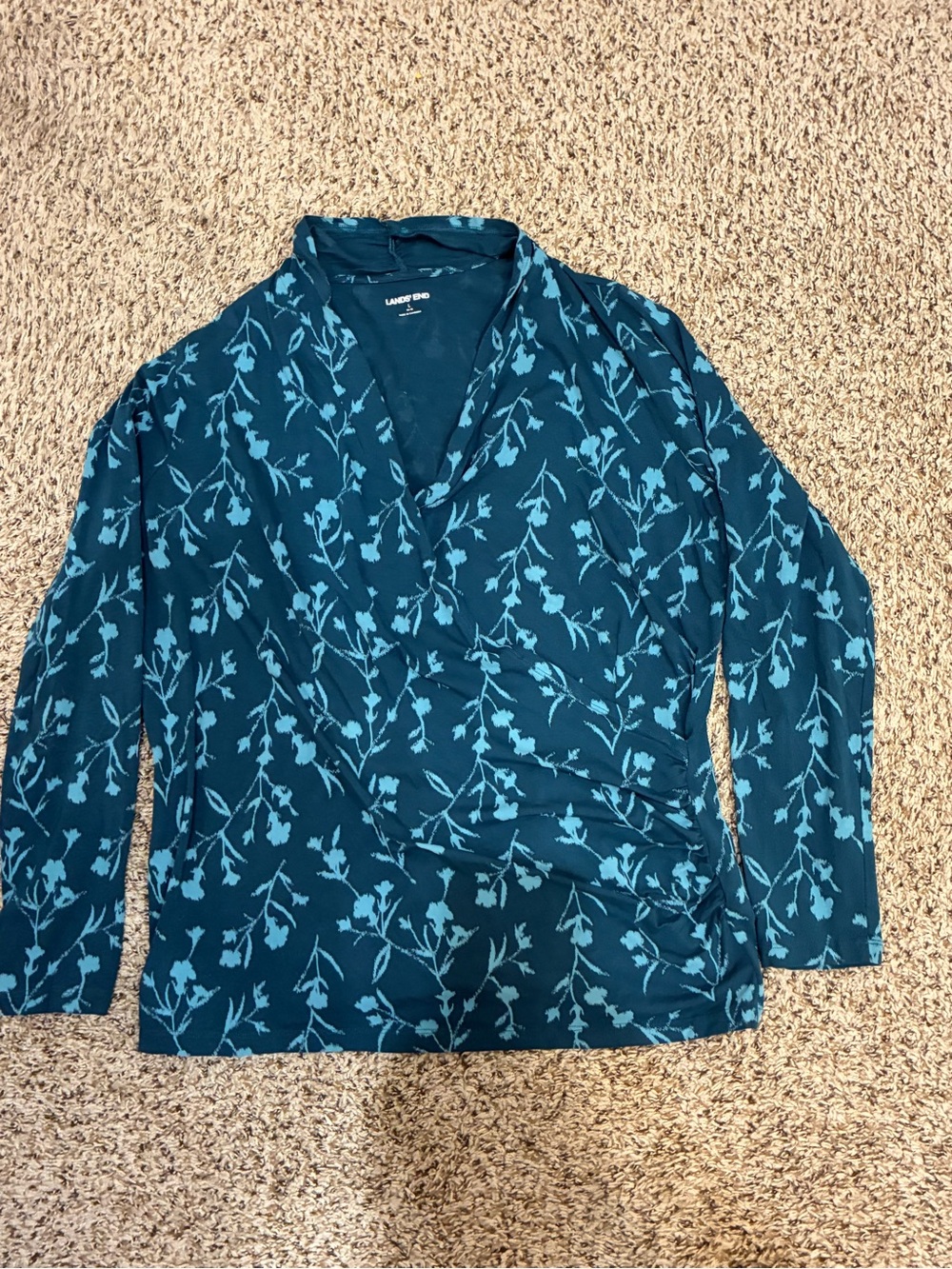 Lands’ End Teal Blue Floral Faux‑Wrap Long‑Sleeve Blouse — Size Large (NWOT)